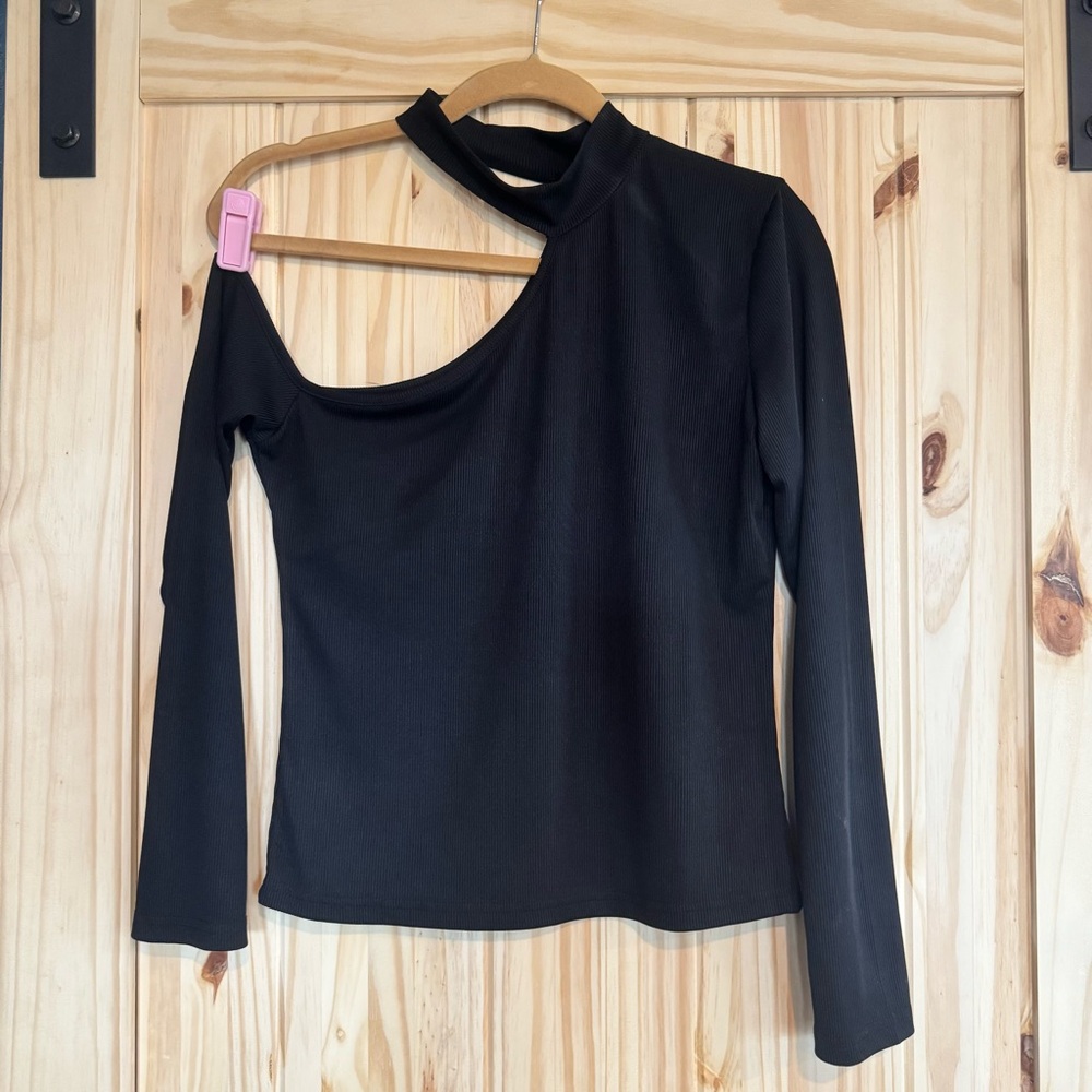 Sexy Black Asymmetrical One-Shoulder Long Sleeve Top size Large - Picture 7 of 9